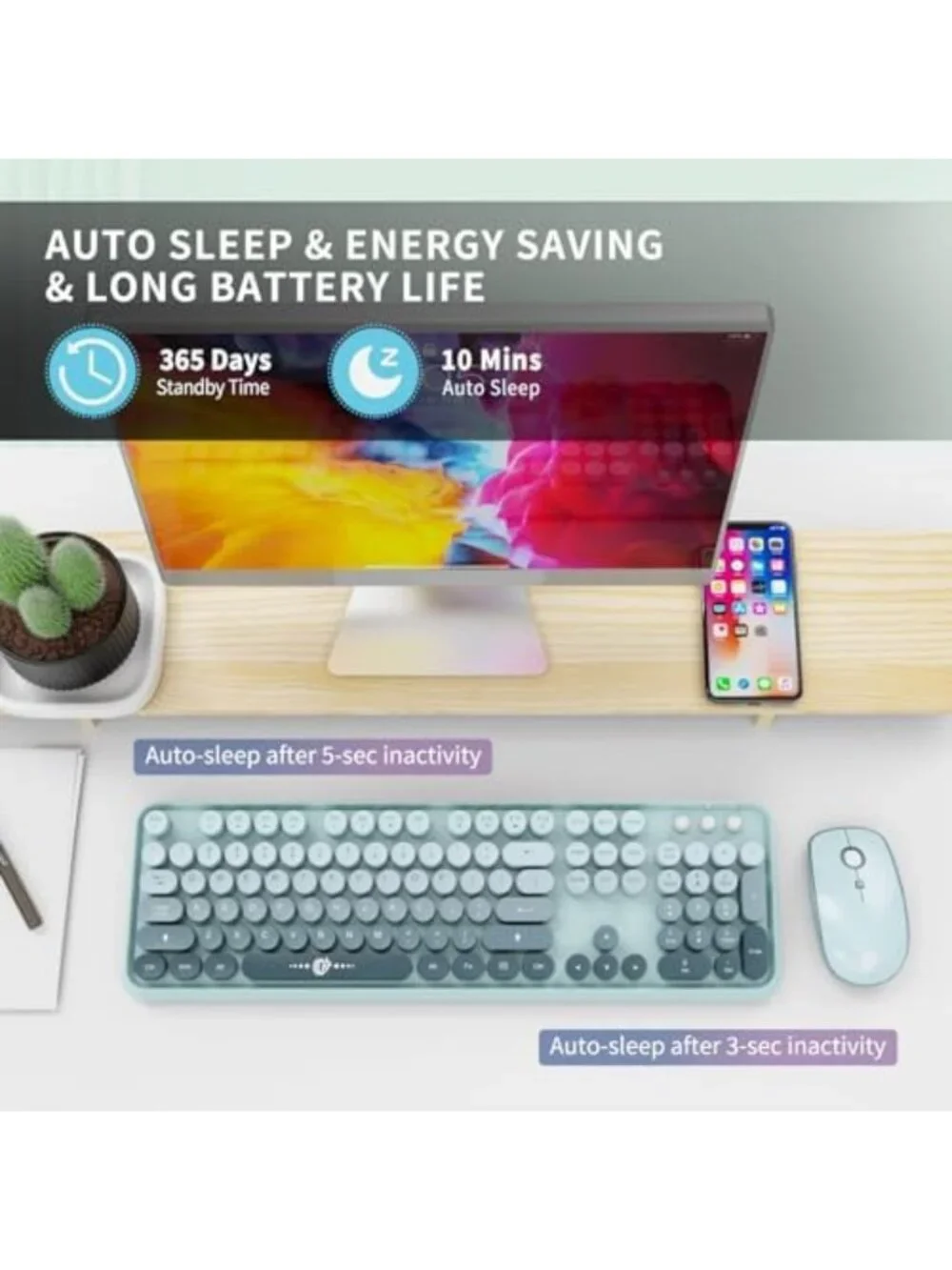 Colorful Retro Typewriter Wireless Keyboard & Mouse Combo, Plug & Play for